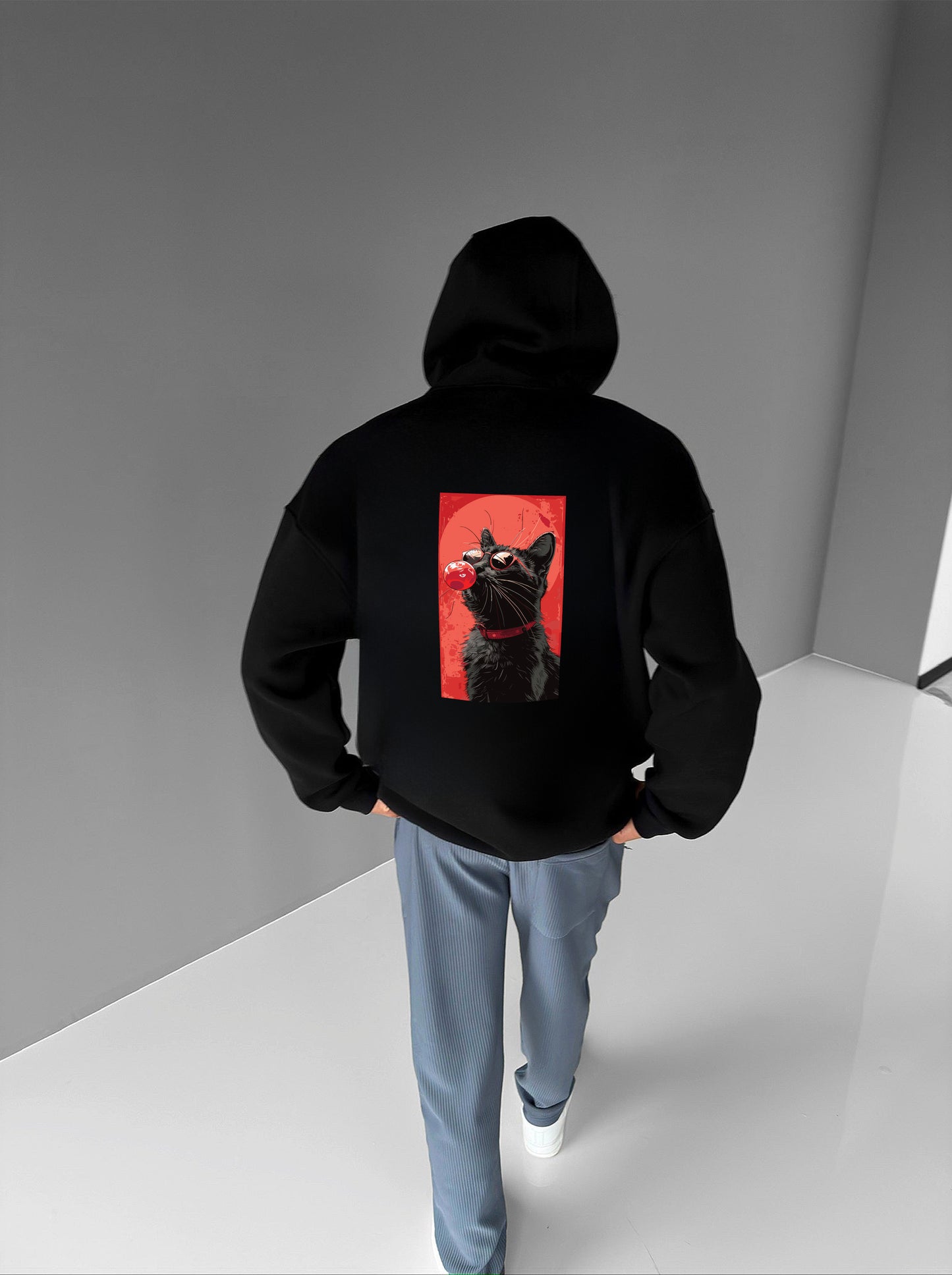 Black "Cool Cat" Printed Oversize Hoodie