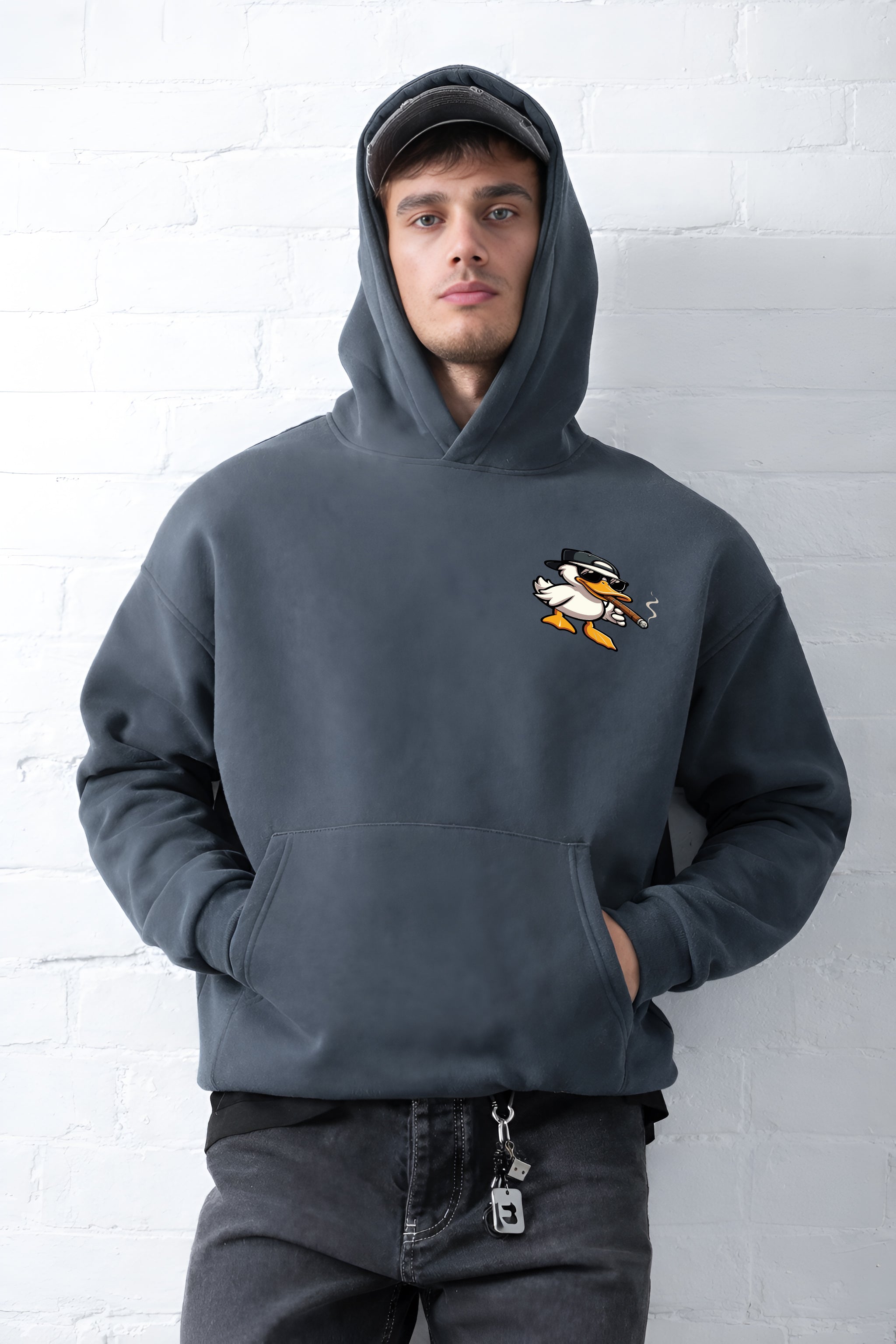 Dark Gray "Duck Off" Printed Oversize Hoodie