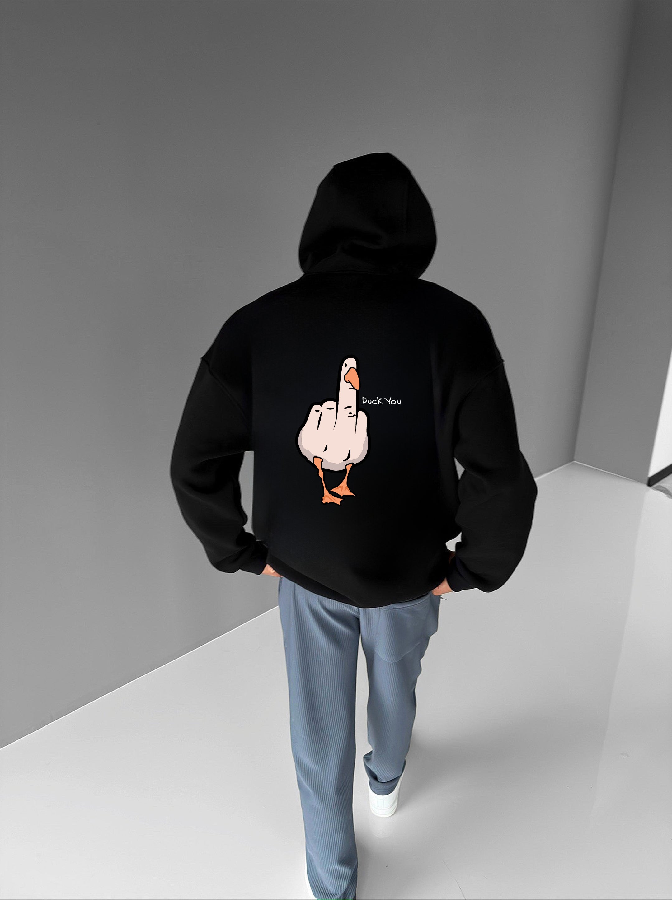 Black "Duck You" Printed Oversize Hoodie