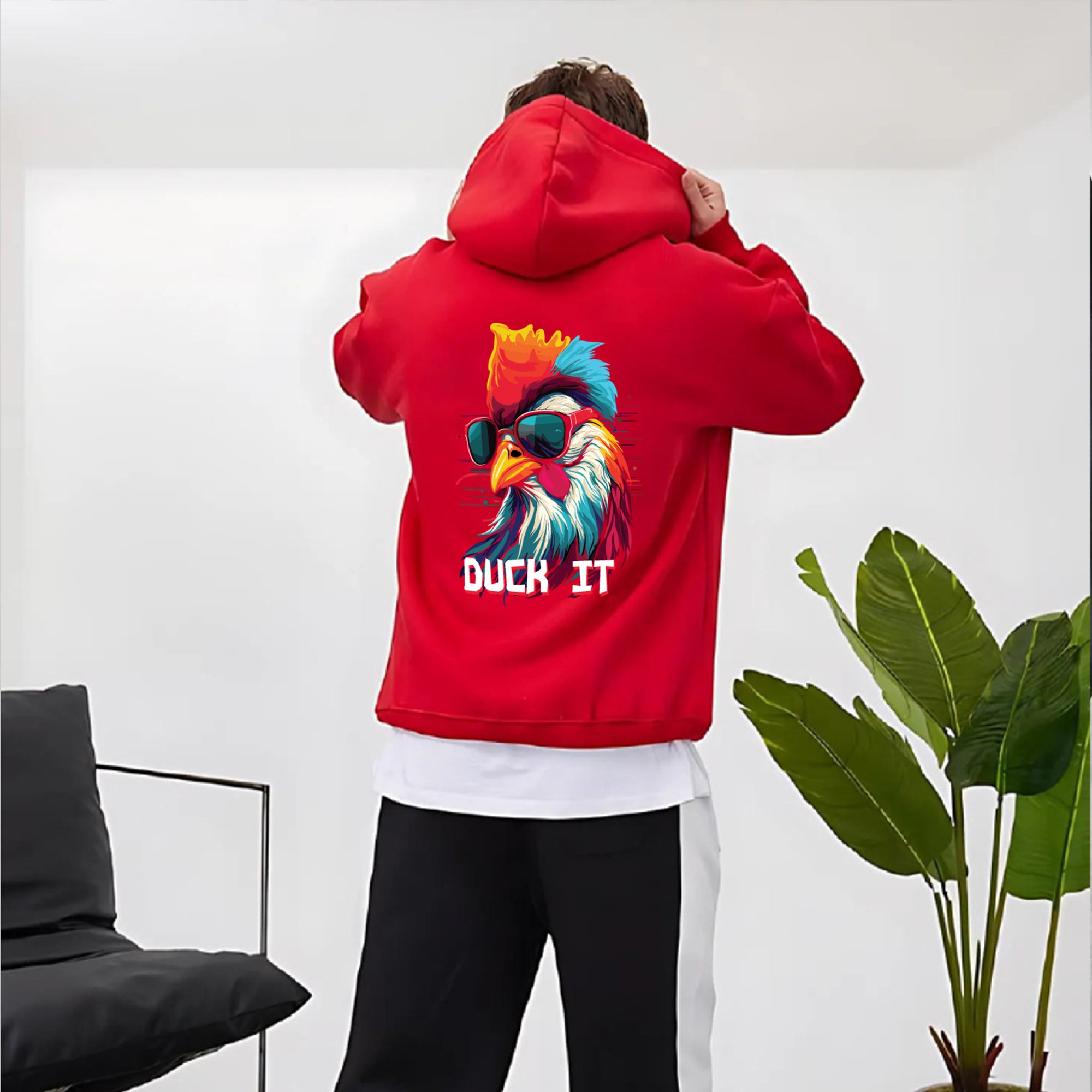 Red "Duck It" Printed Oversize Hoodie