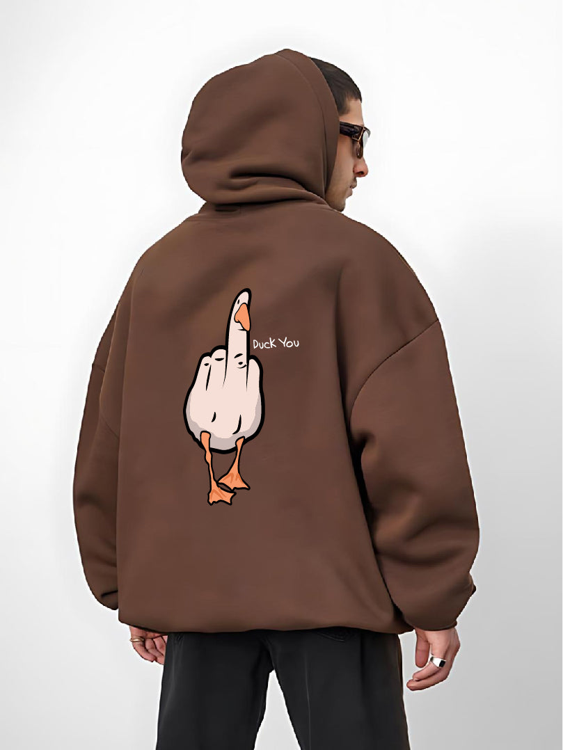 Brown "Duck You" Printed Oversize Hoodie