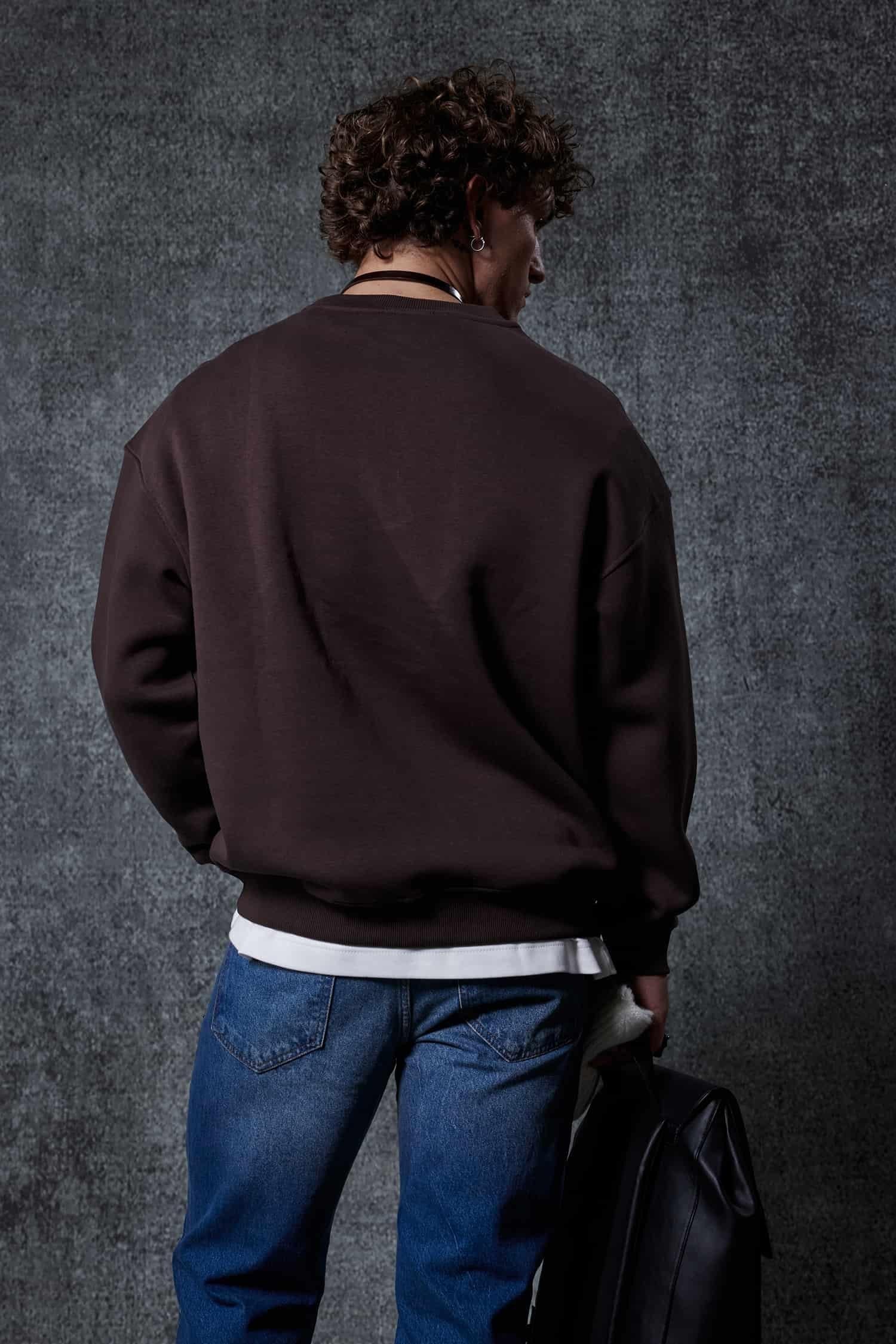 Men's Oversize Brown Crew Neck Basic Sweatshirt