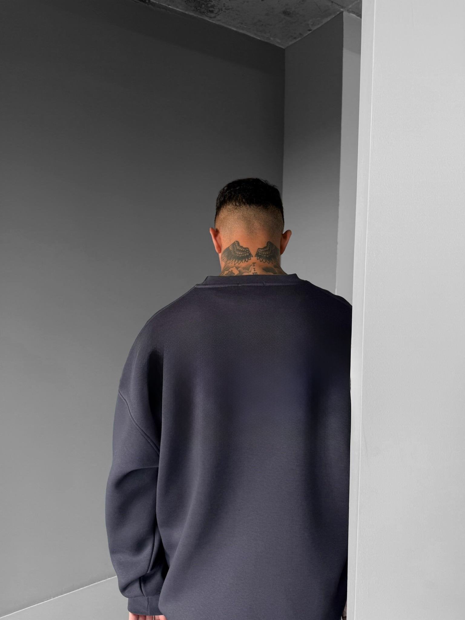 Oversize Dark Gray Crew Neck Basic Sweatshirt