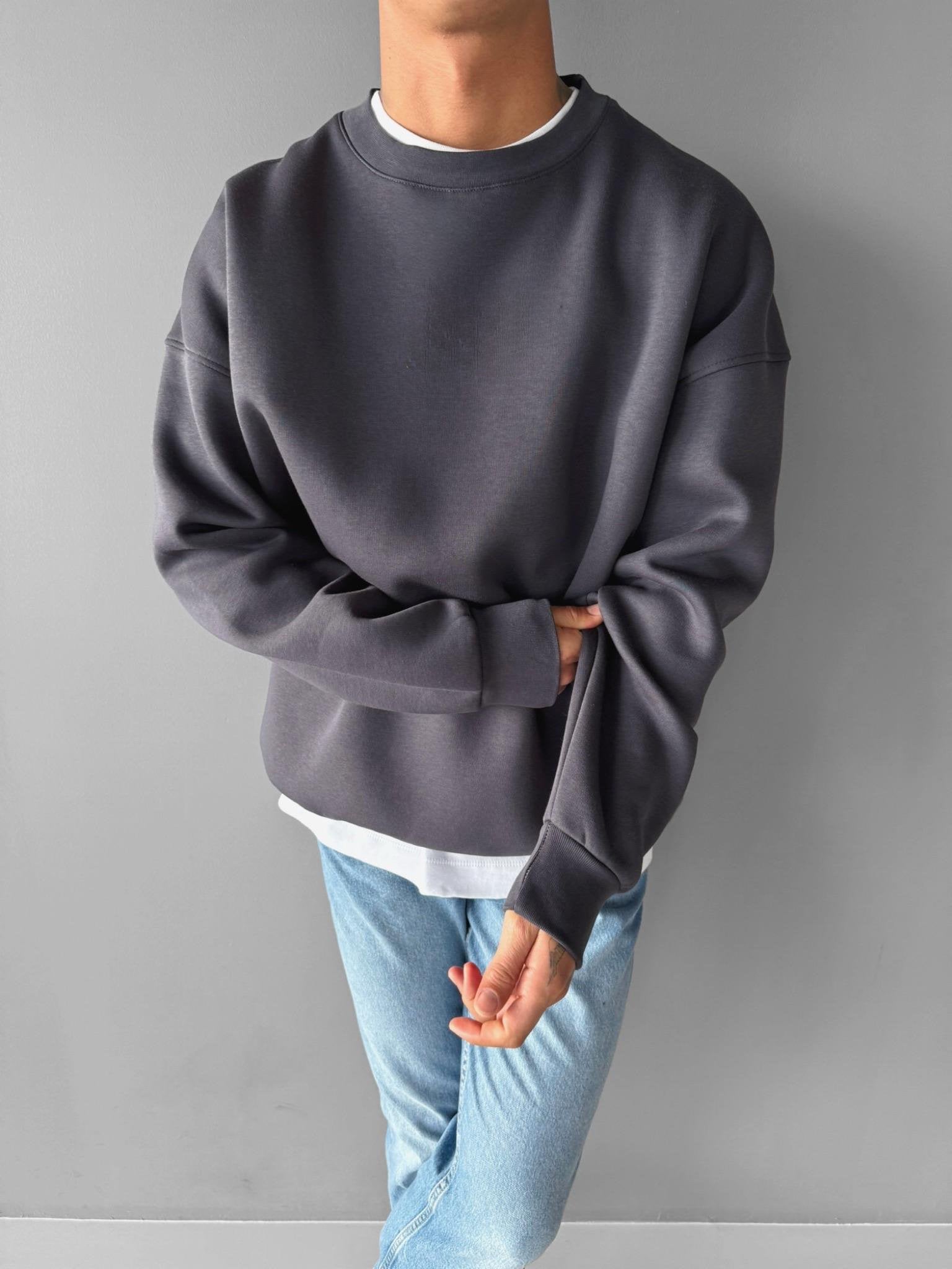 Oversize Dark Gray Crew Neck Basic Sweatshirt