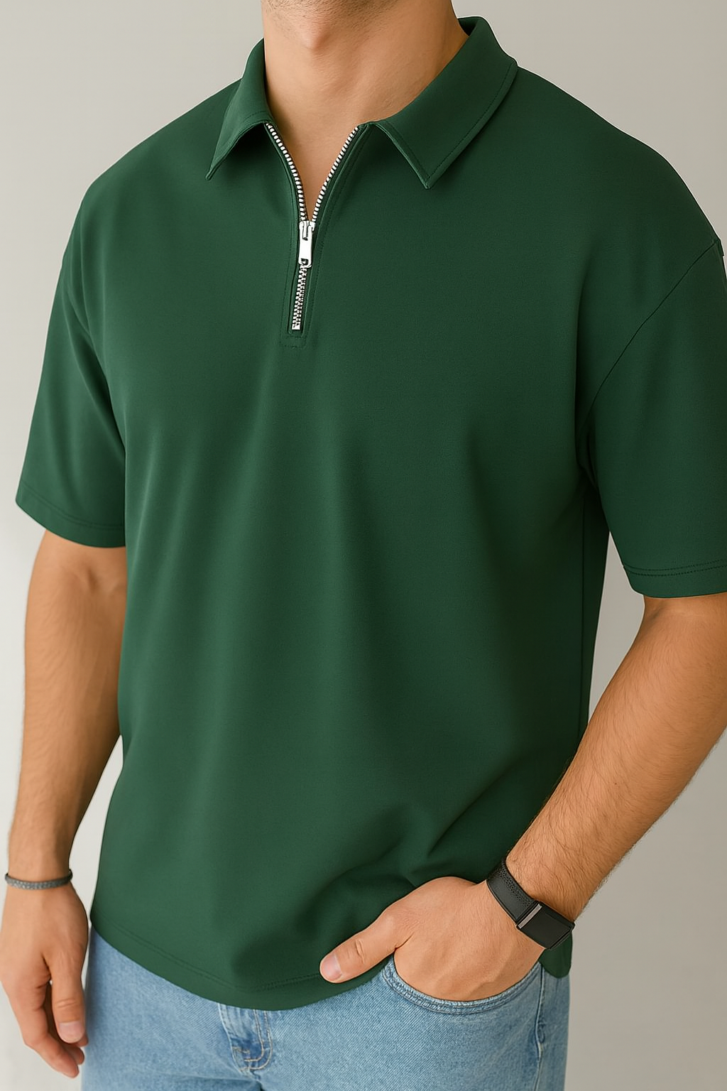Olive-Green Basic Half Zipper T-Shirt