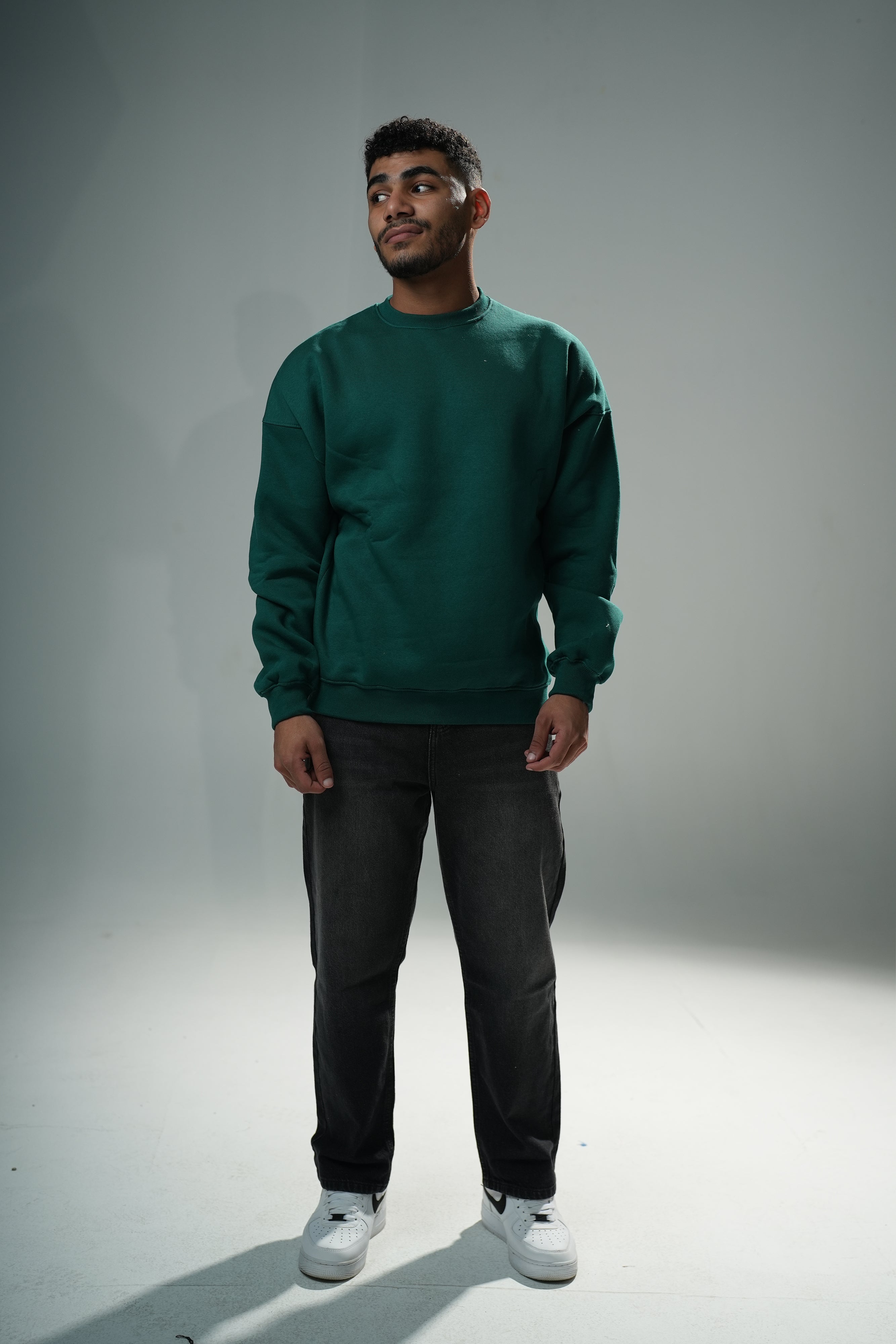Dark Green Oversize Black Crew Neck Basic Sweatshirt