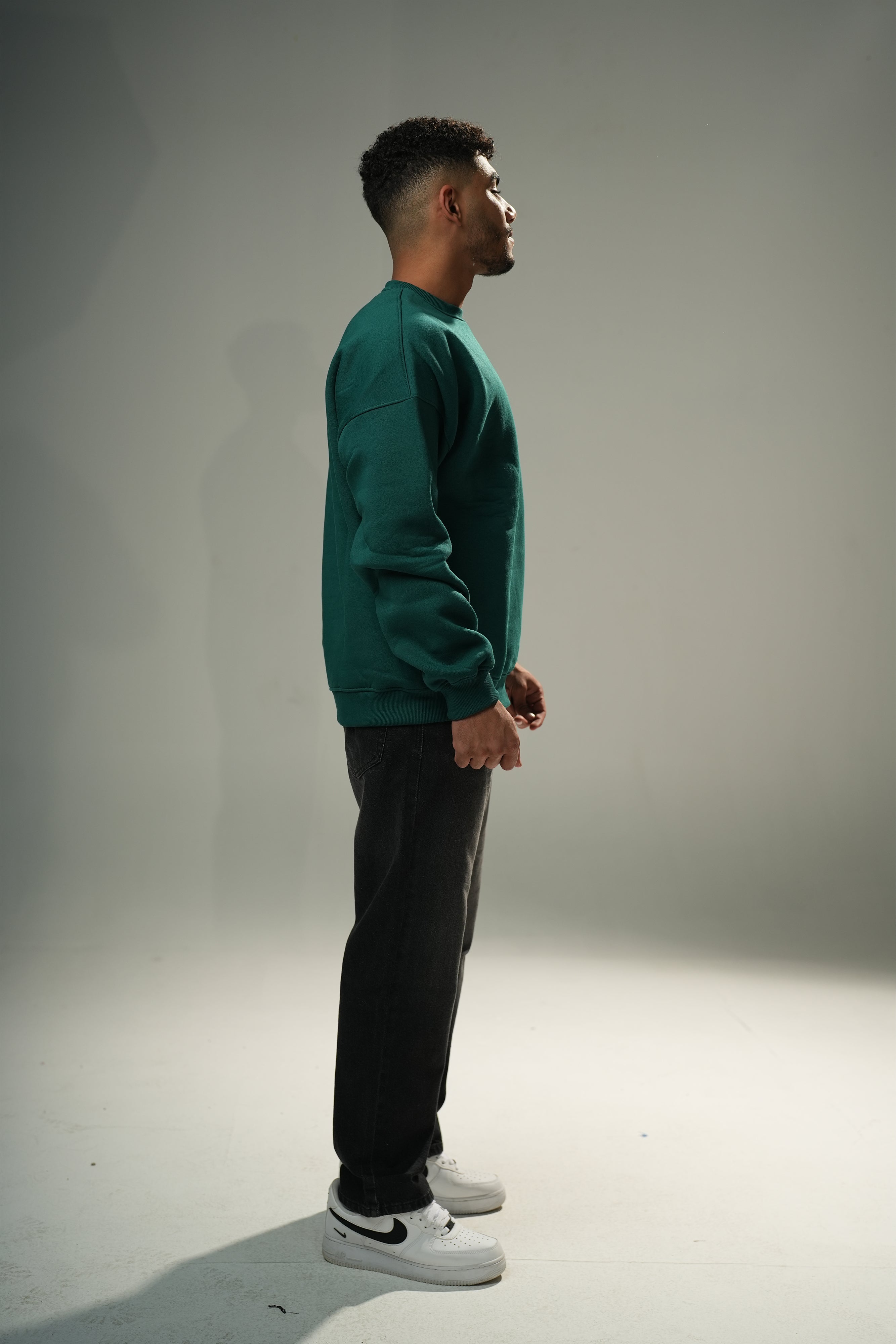 Dark Green Oversize Black Crew Neck Basic Sweatshirt