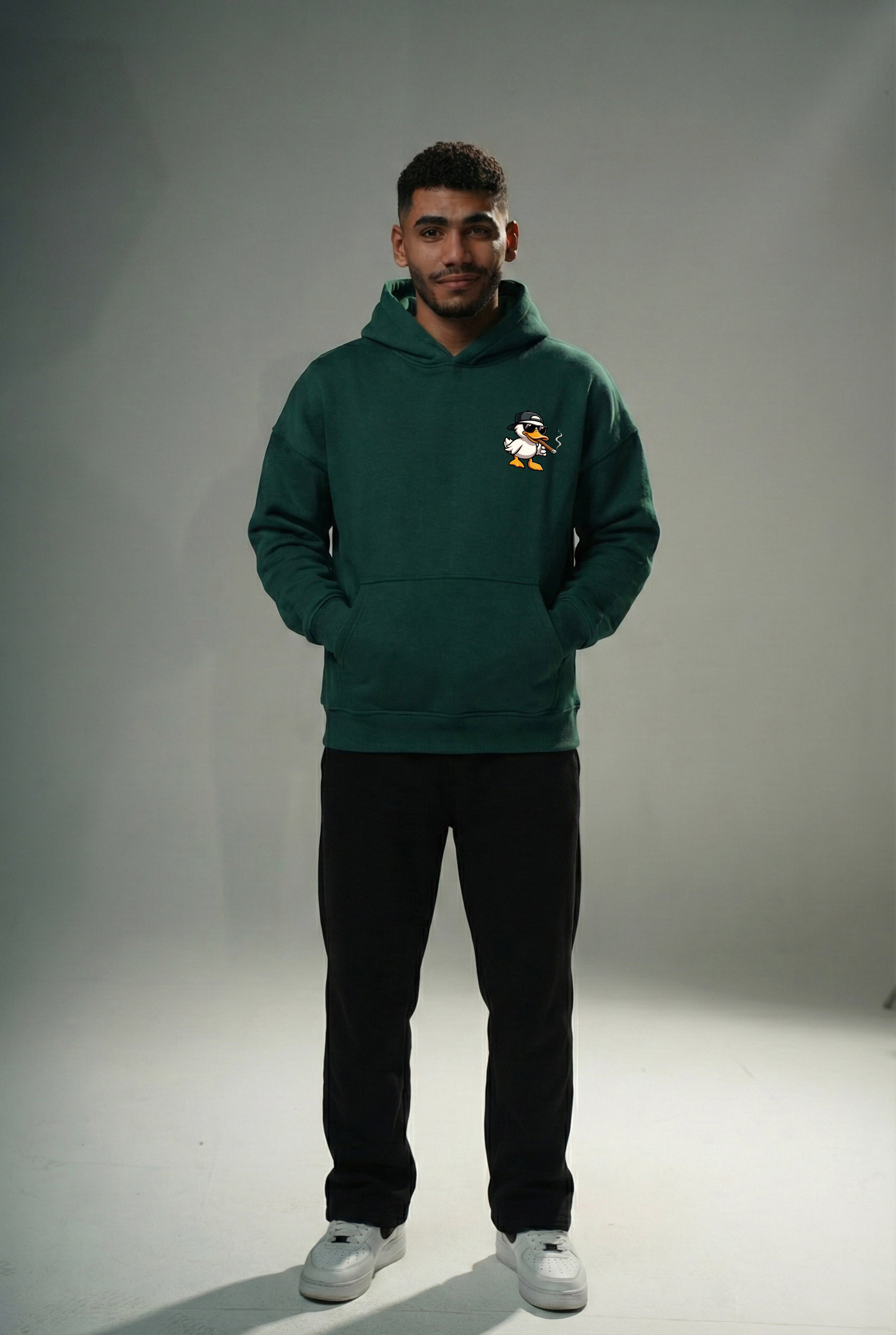 Dark Green "Duck Off" Printed Oversize Hoodie