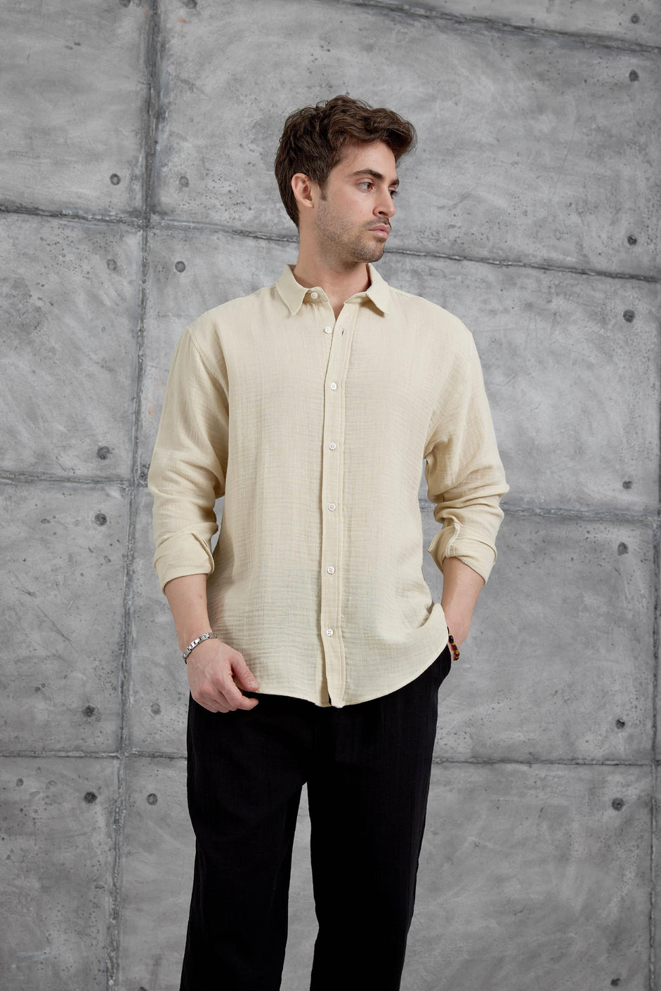 Long-Sleeve Linen Shirt Beige