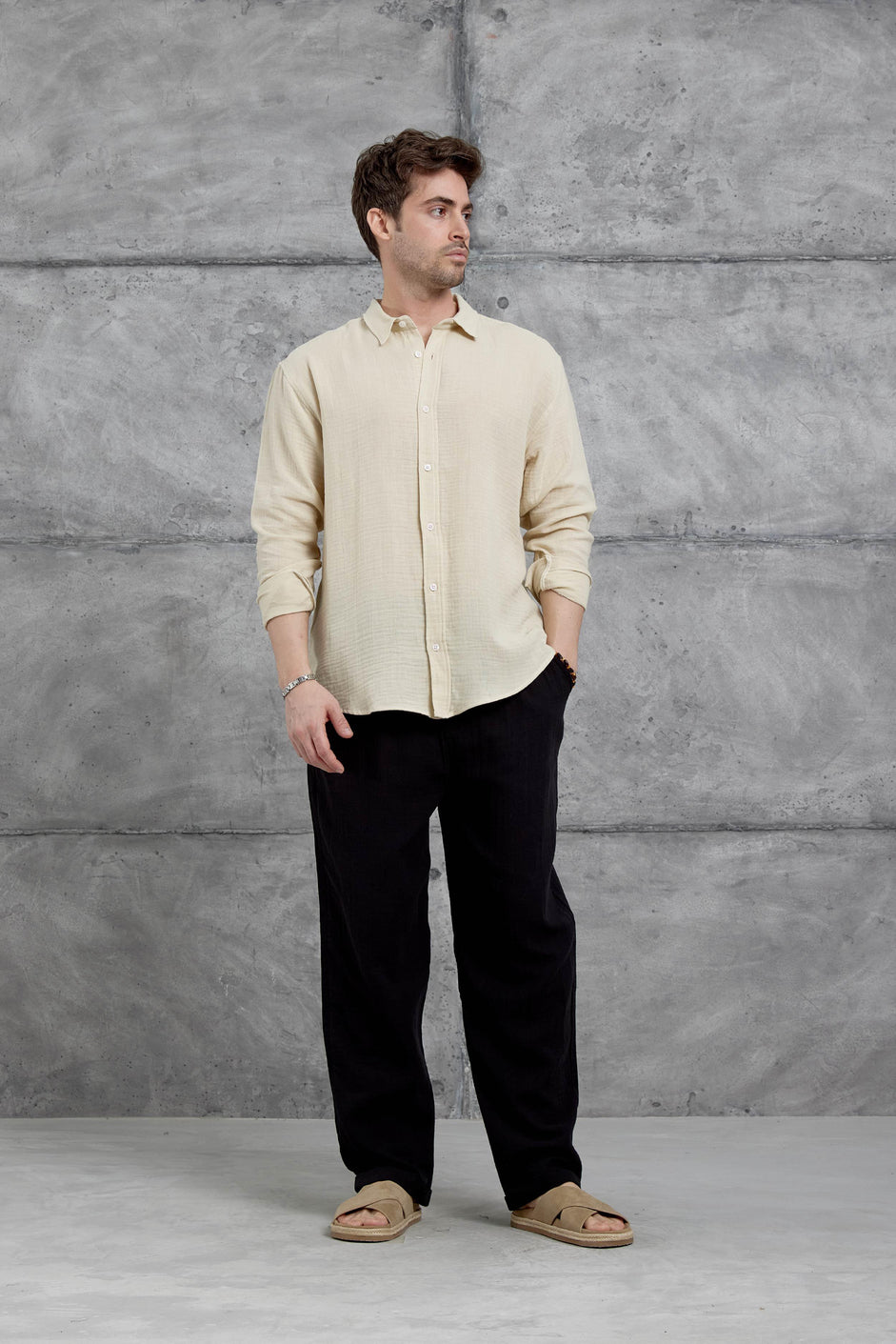 Long-Sleeve Linen Shirt Beige