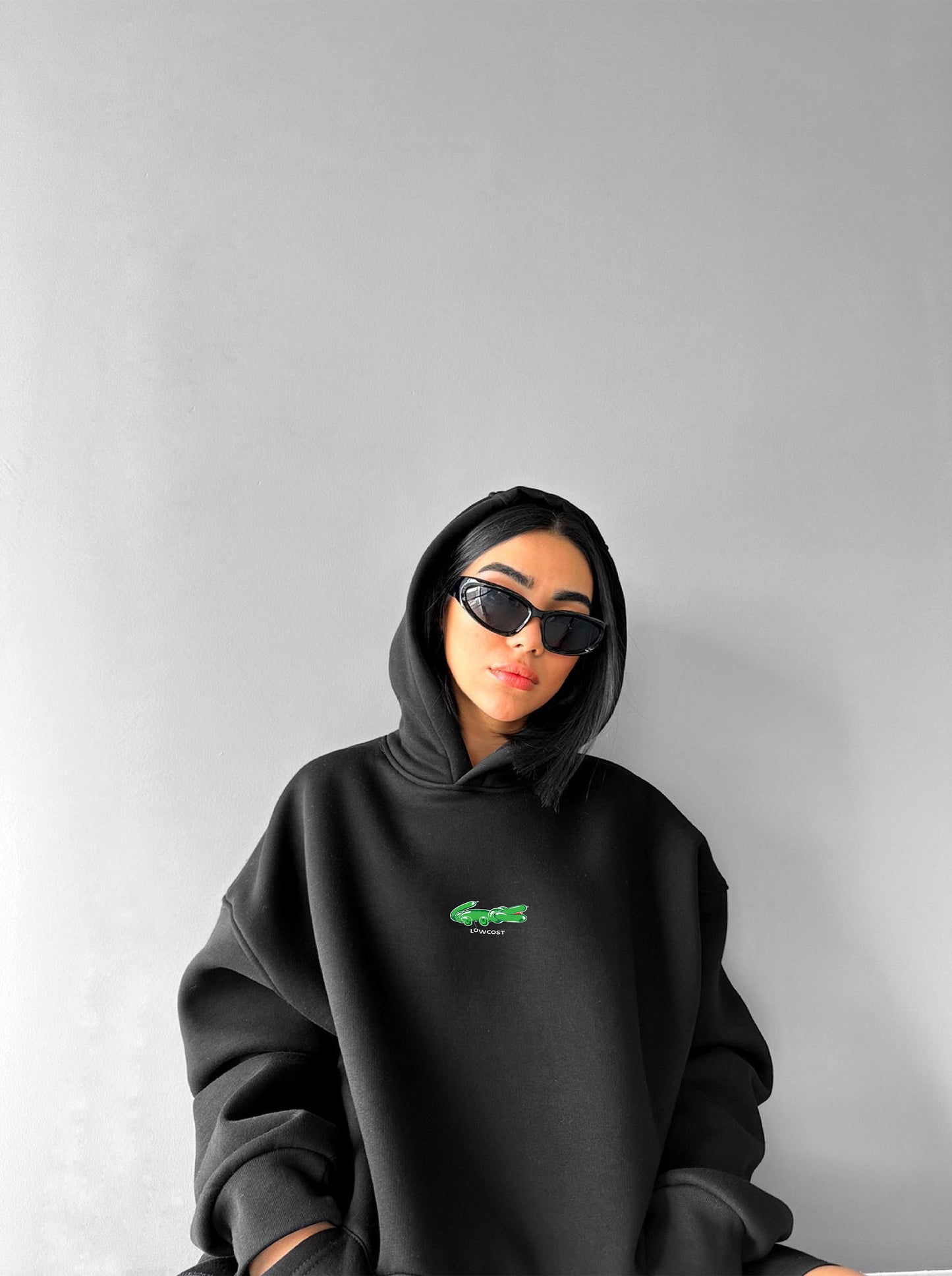 Black "Lowcost" Printed Oversize Hoodie