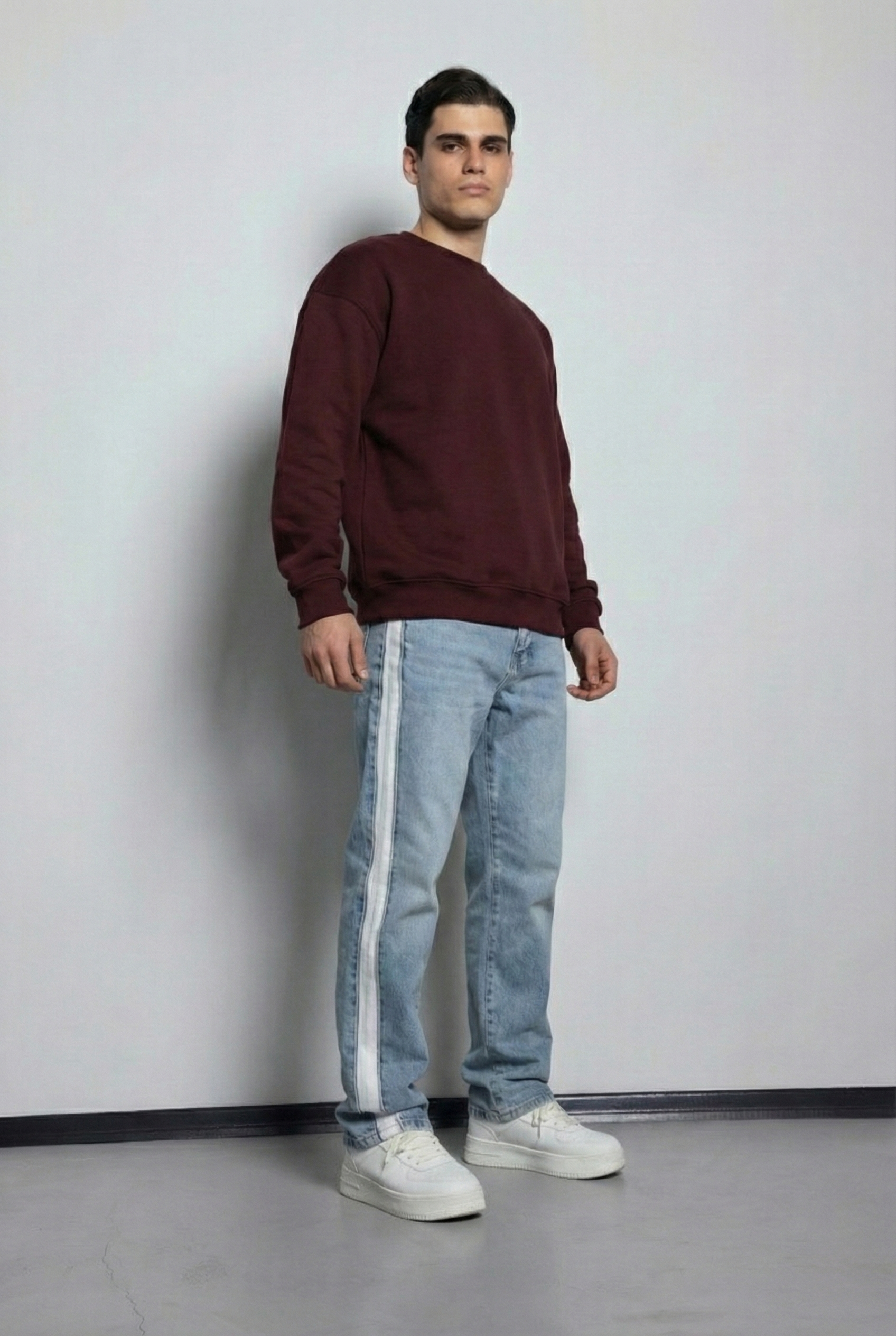 Oversize Burgundy Crew Neck Basic Sweatshirt