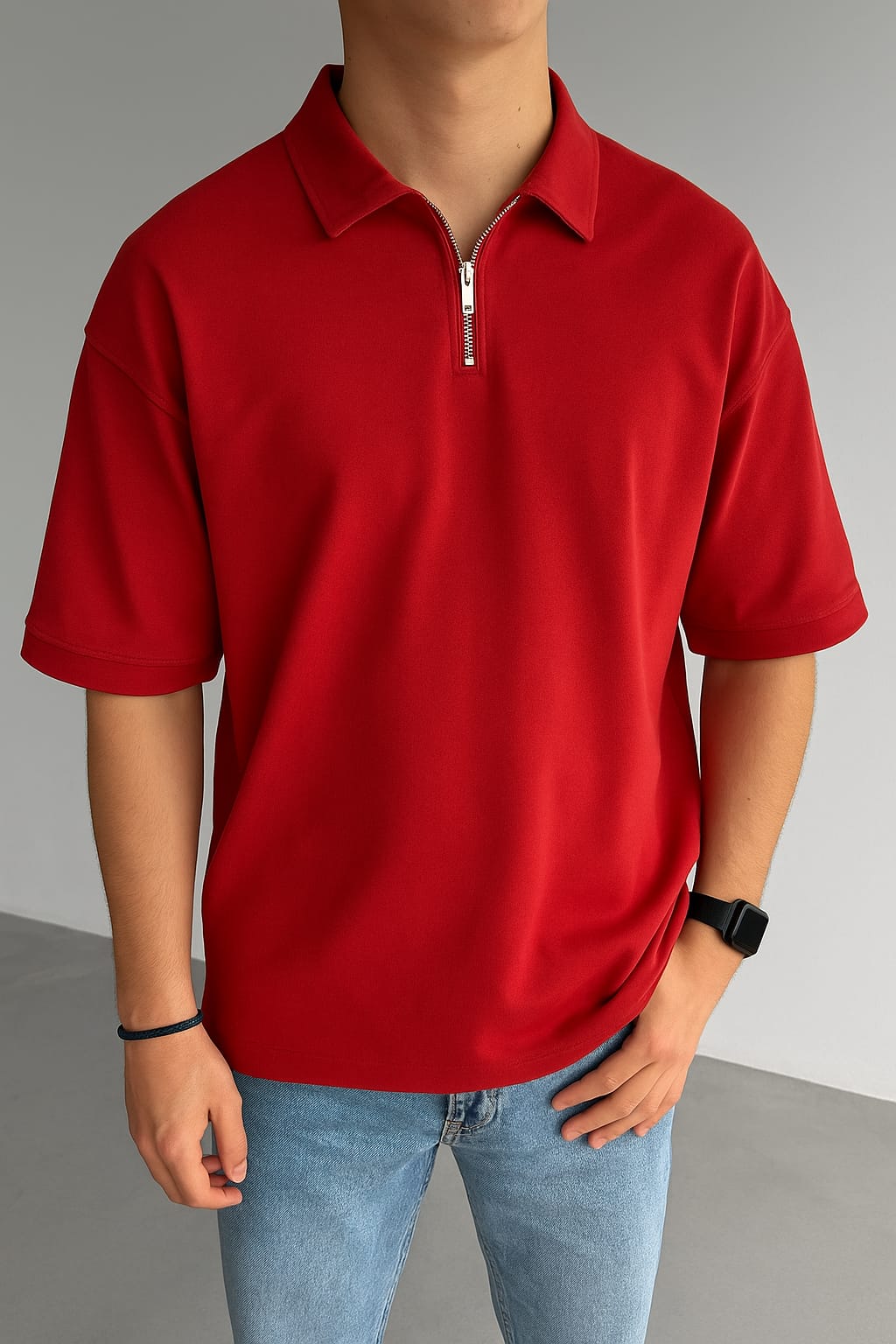 Red Basic Half Zipper T-Shirt