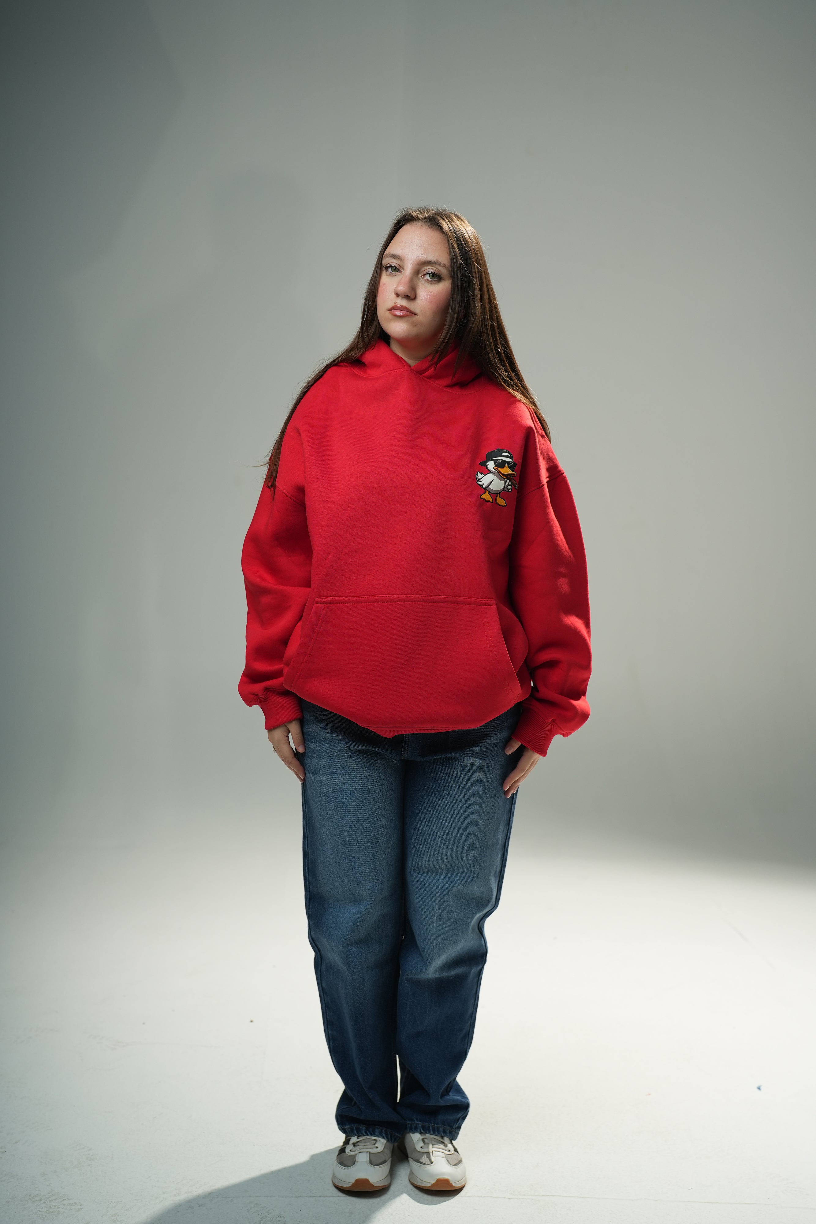 Red "Duck Off" Printed Oversize Hoodie