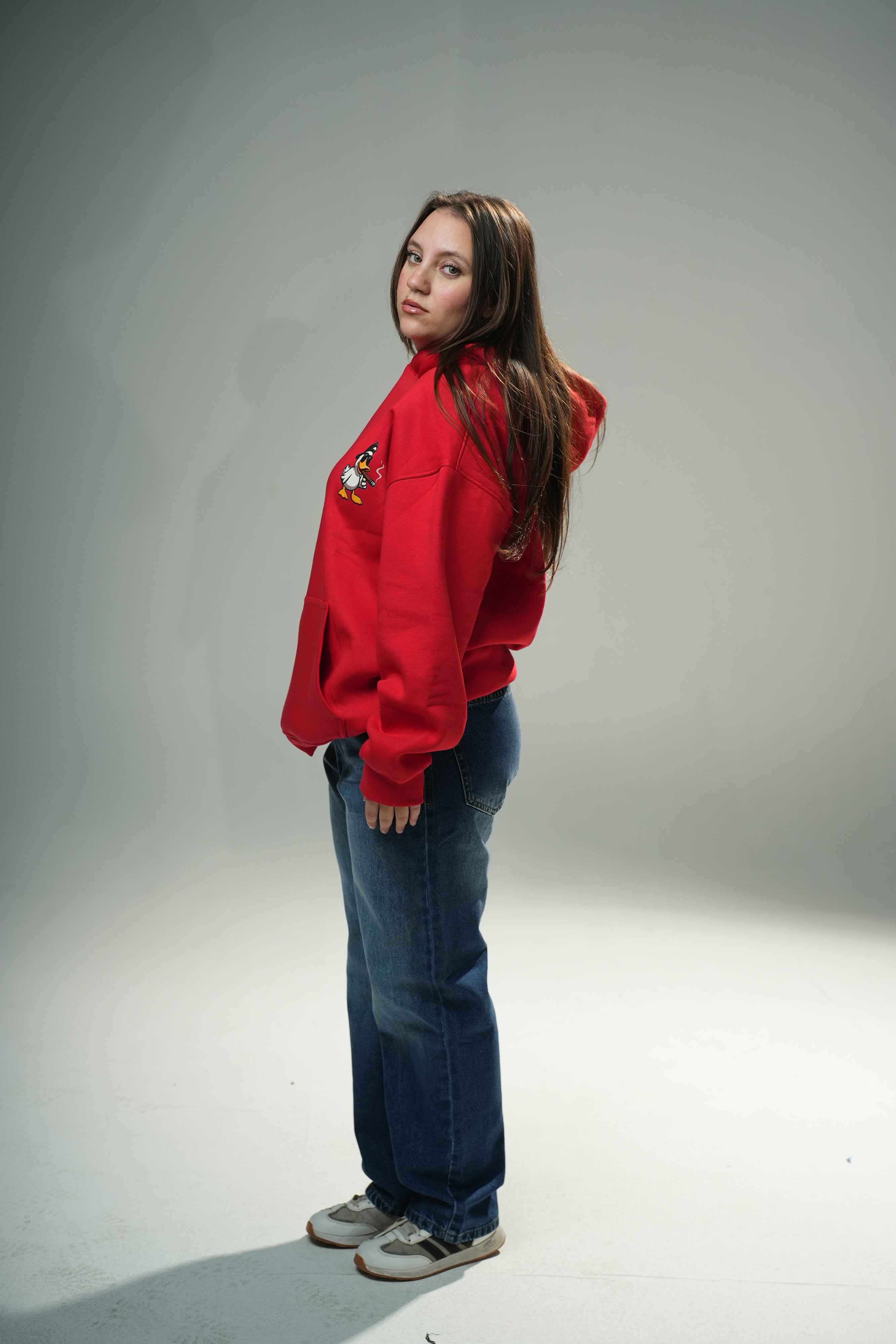 Red "Duck Off" Printed Oversize Hoodie