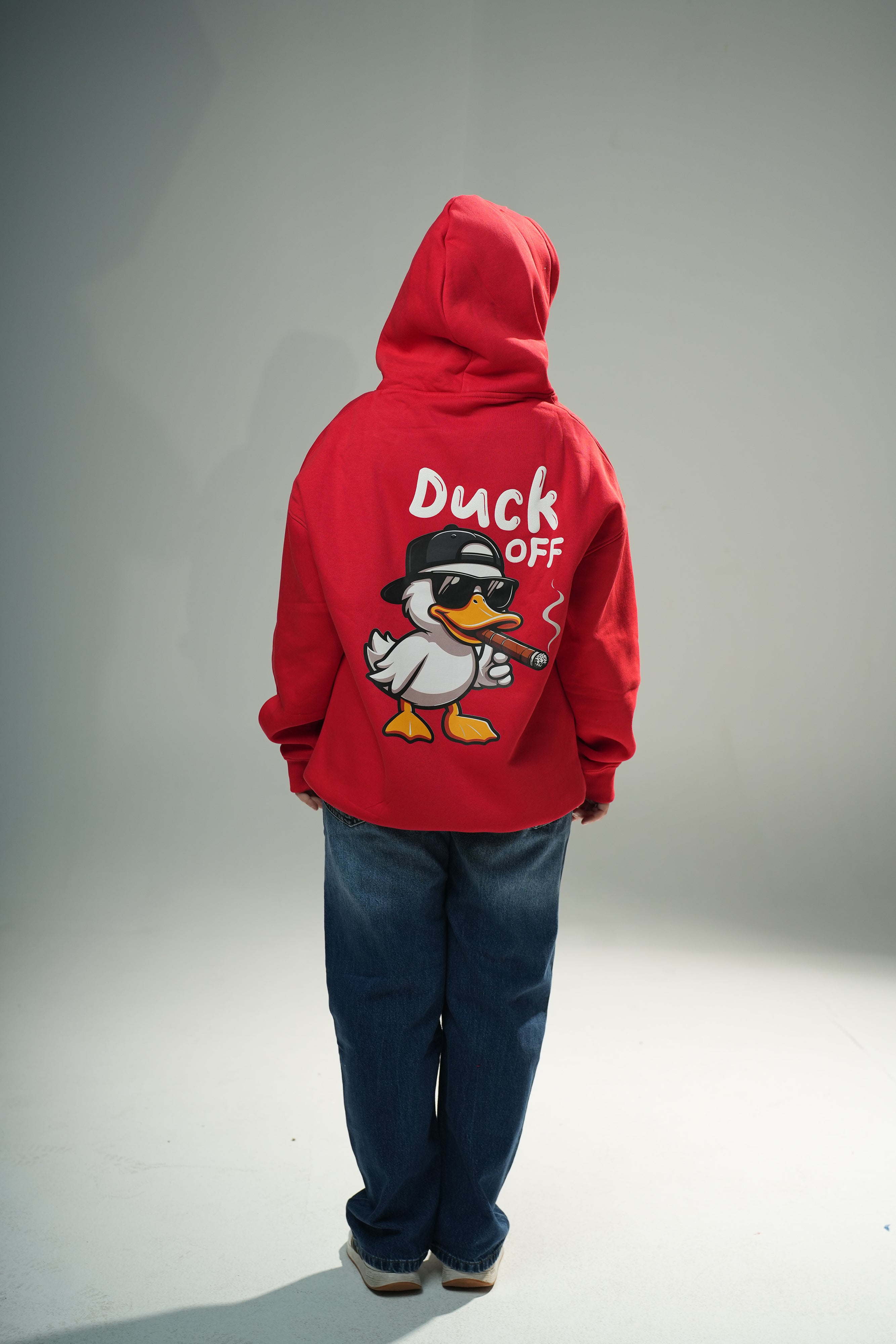 Red "Duck Off" Printed Oversize Hoodie